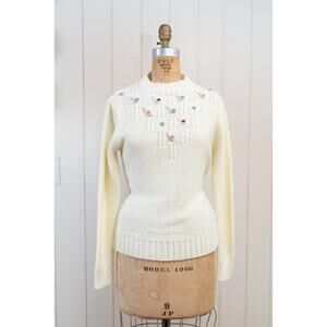 Vintage 50s Cream Knit Sweater, Pastel Floral Cottagecore Coquette Romantic, Med